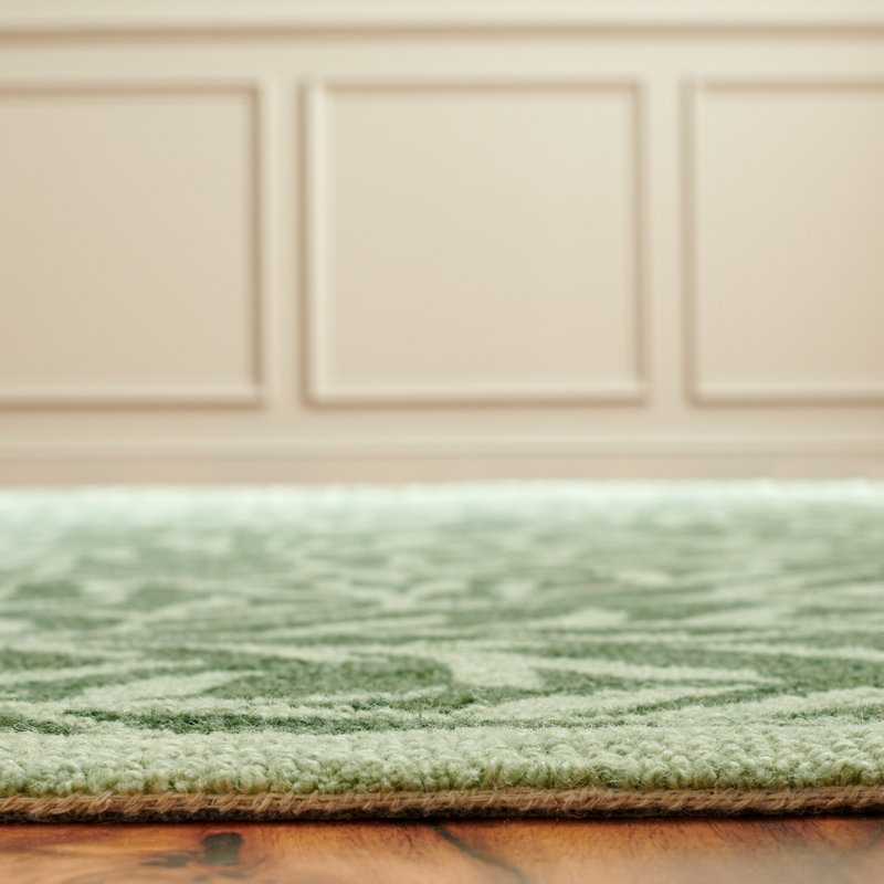 Handmade Green Floral Wool Tufted Rectangular Area Rug 5' x 8'