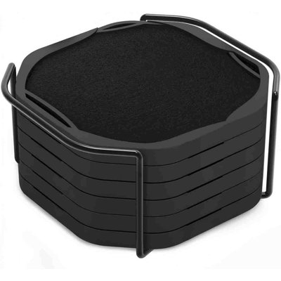 Ensemble de 6 sous-verres noirs en verre et feutre octogonaux noirs avec support - super absorbant, protection contre les fuites intégrée, antiadhésif, sous-verres modernes pour table basse, bureau et décoration intérieure