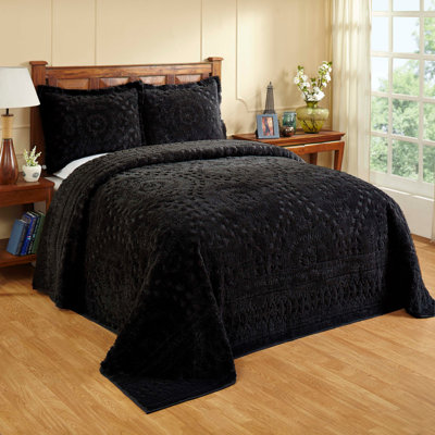 Rio 100% Cotton Chenille Tufted Bedspread, Traditional Medallion Design, Soft Breathable All-Season Machine Washable Coverlet, OEKO-TEX Certified, Full/Double Size, Black