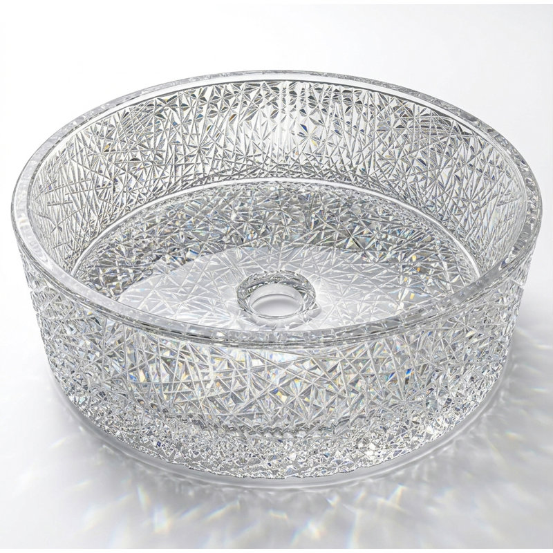 Stadium 16" Clear Round Glass Vessel Bathroom Sink with Crystal Pattern - Timeless Collection, Clear