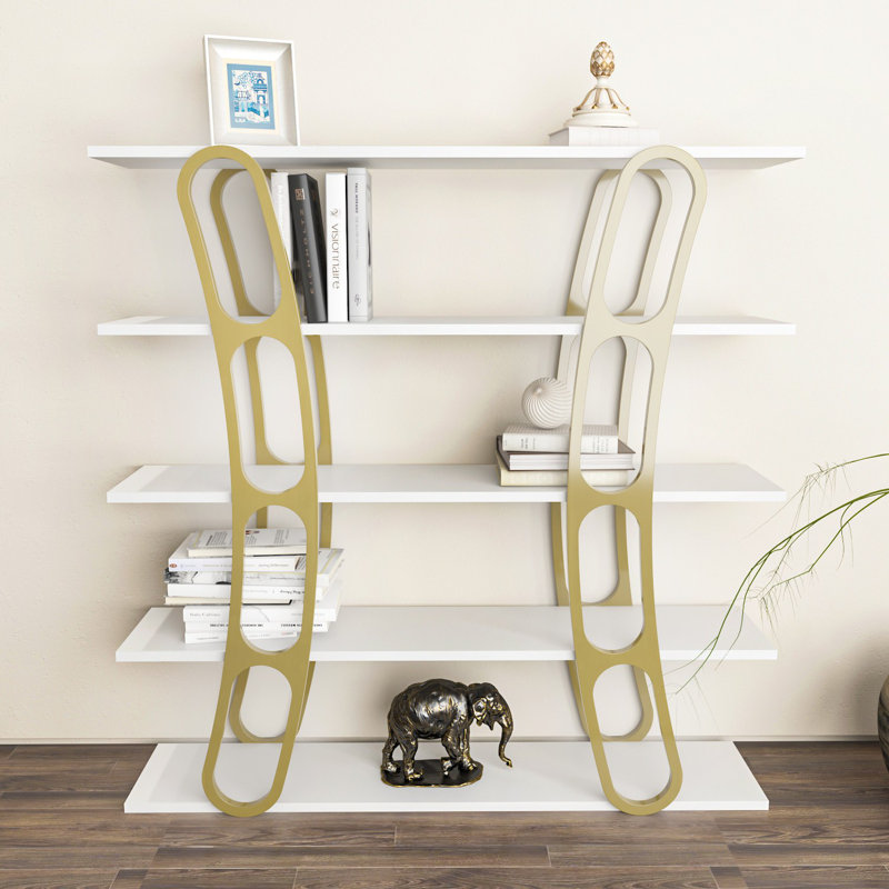 Bibliothèque moderne blanche et dorée, 47,2 po x 47,2 po x 9,8 po | 100% panneau de particules enduit de mélamine, épaisseur: 0,7 pouce | Solution de rangement élégante pour la maison et le bureau, design élégant, finition durable et élégante
