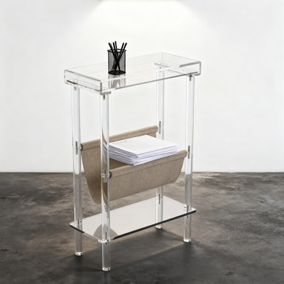 Slim Acrylic Side Table With Magazine Holder - Space-Saving Narrow End Table For Small Spaces, Bedside Nightstand For Living Room And Bedroom