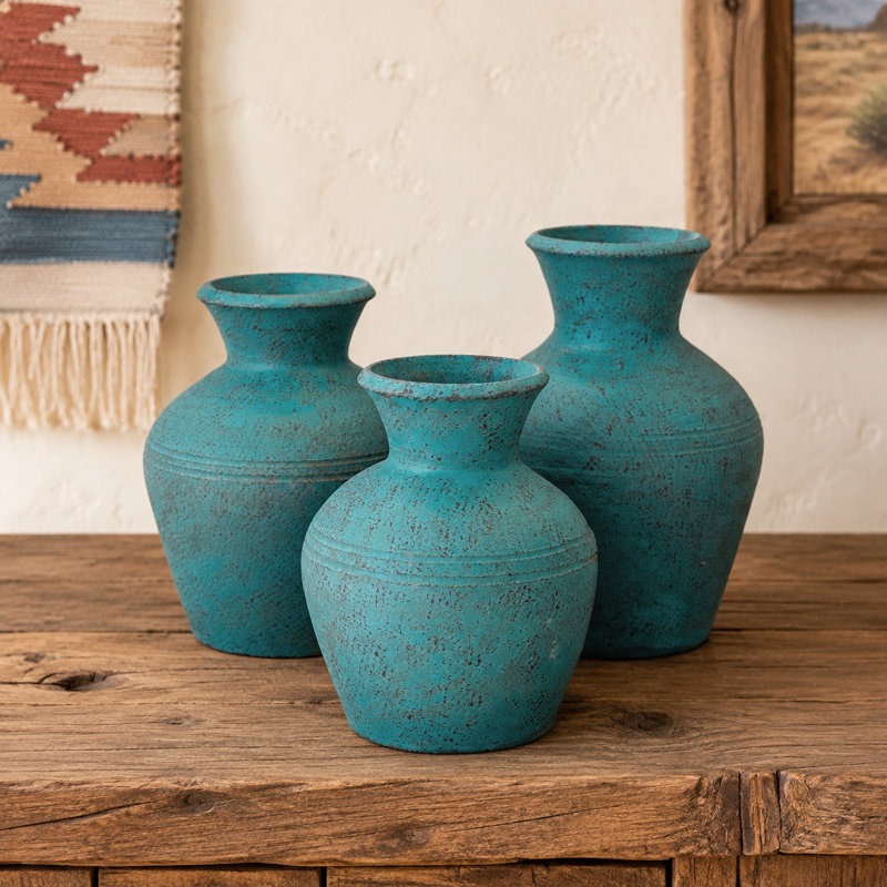 Ensemble de 3 vases en argile de couleur turquoise à la main