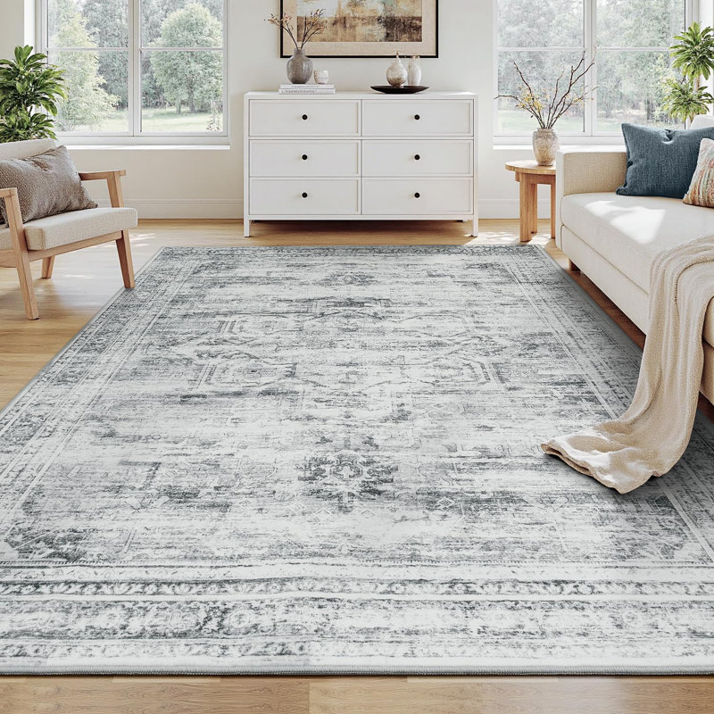 6'X9' Washable Neutral Vintage Distressed Aesthetic Area Rug Grey
