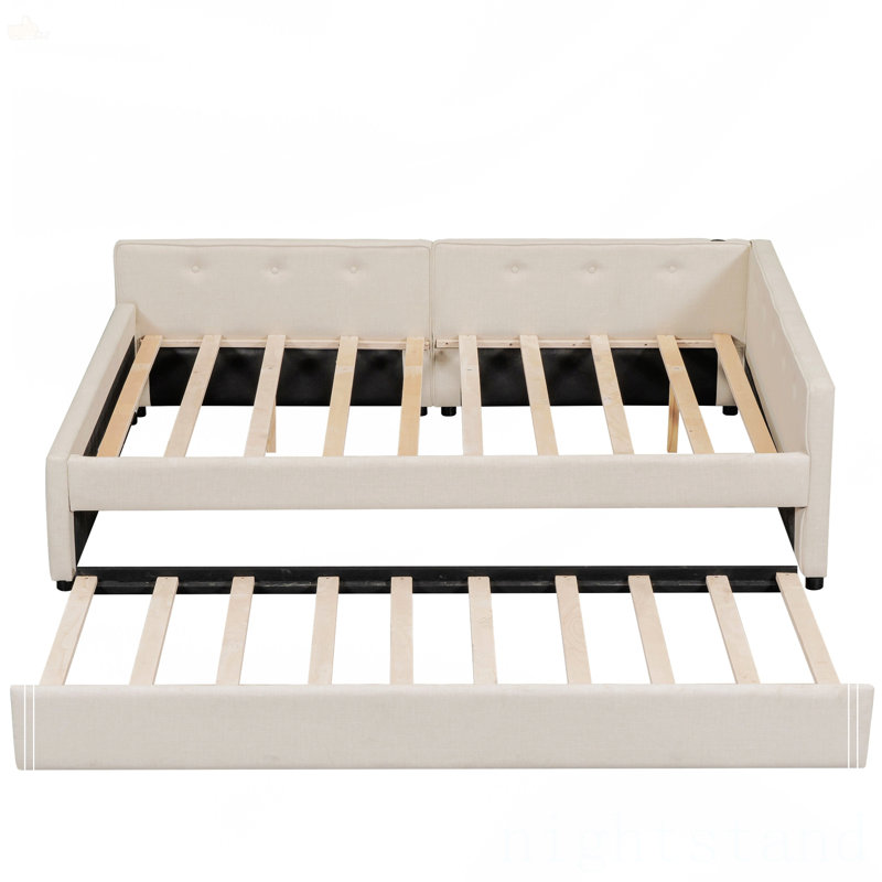 Lit plateforme double tapissier avec USB et lit gigogne simple, Double