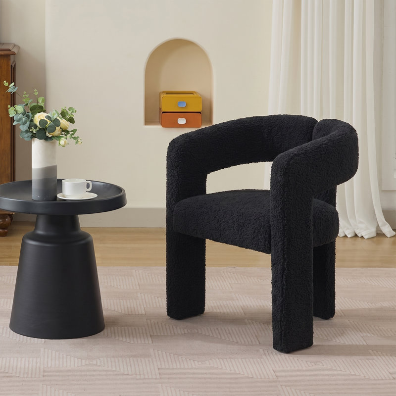 Modern Upholstered Dining Arm Chair, Solid Wood Frame, Lambswool Black