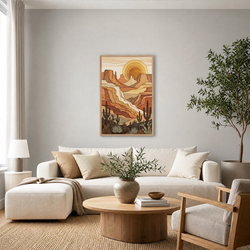 Tableau sur toile représentant un canyon désertique aux tons de bois superposés avec des cactus, H 36 po x l 24 po