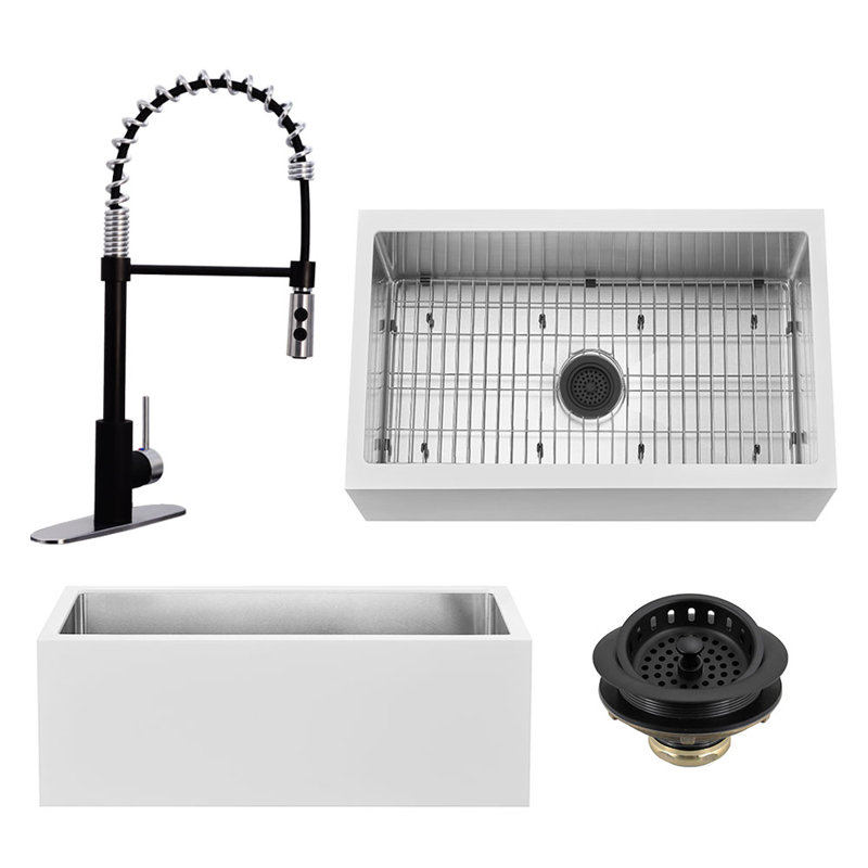 30'' L Single Bowl Kitchen Sink, Matte Black/Stainless Steel