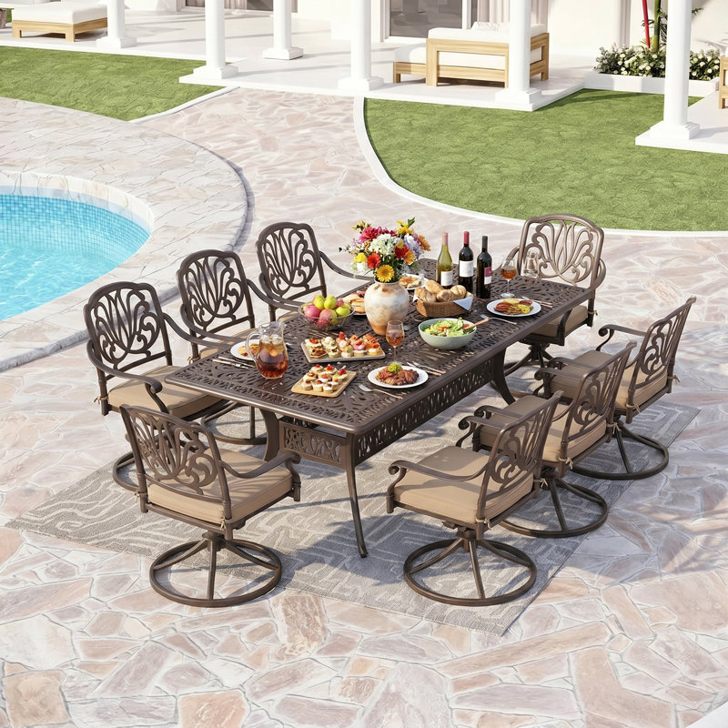 Afanasie 8 - Person Patio Dining Set with Rectangular Table , Cushions Included, Khaki