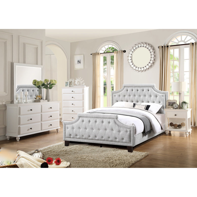 Grand lit américain en polyfibre gris traditionnel avec tête de lit chic et moderne, Gris, Grand lit