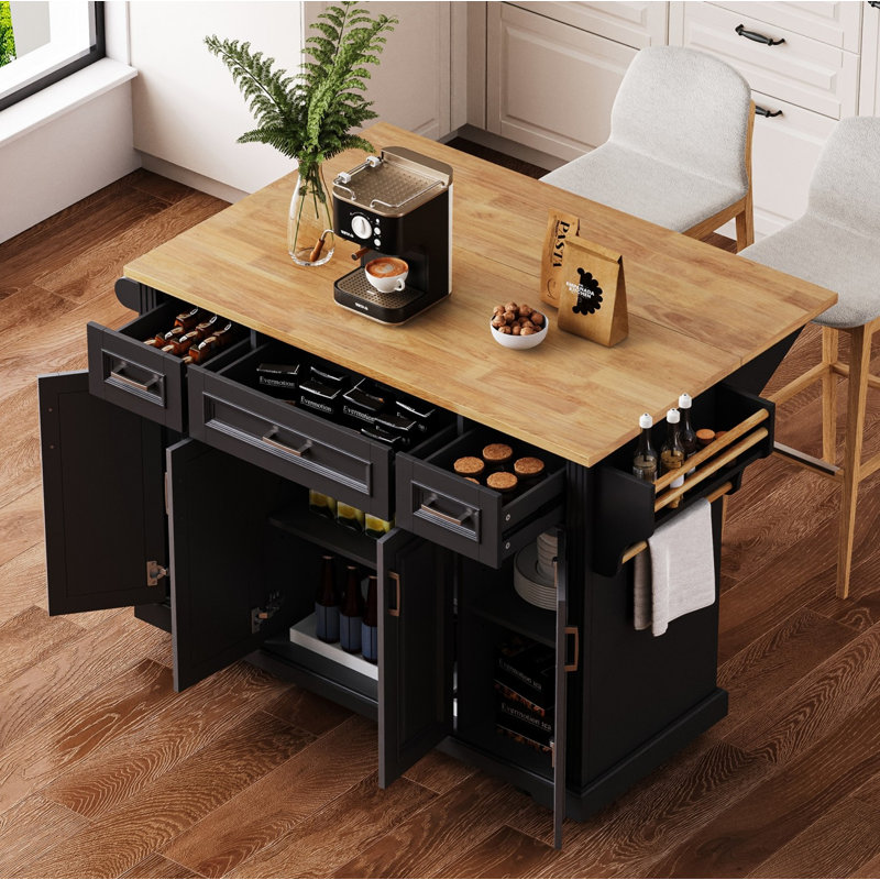 54inch Large Kitchen Island with Rubber Wood Drop Leaf, Embossed Texture Rolling Kitchen Cart on 4 Wheels with 4 Doors and 3 Drawers, Kitchen Island with Storage for Kitchen, Dining Room