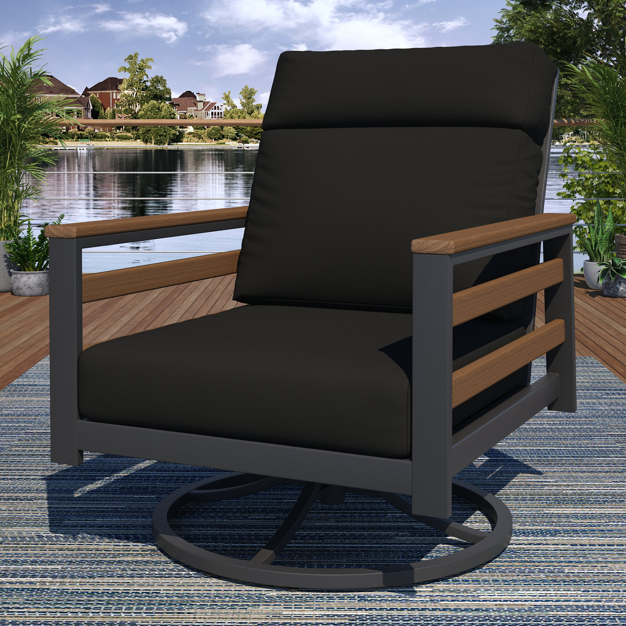 Townsend Metal Outdoor Rocking Chair With Sunbrella Cushion, Canvas Black, Brown