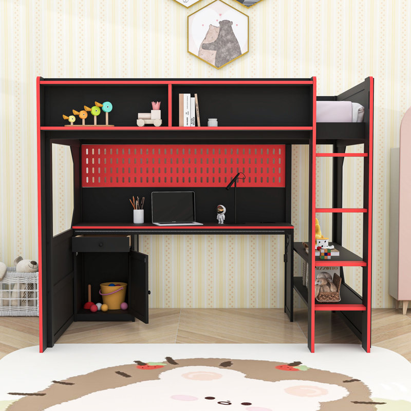 Lit mezzanine moderne avec bureau intégré, organisateur de panneau perforé, éclairage à DEL et tablettes de rangement, Twin