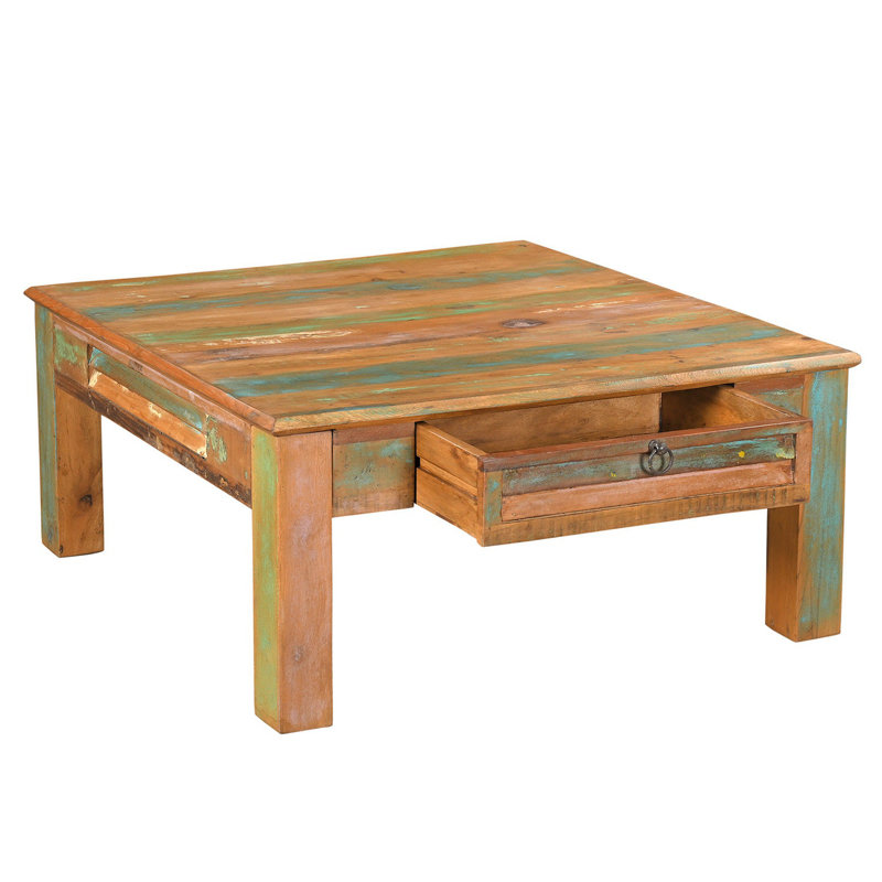 Solid Wood Square Rustic Coffee Table with Drawers