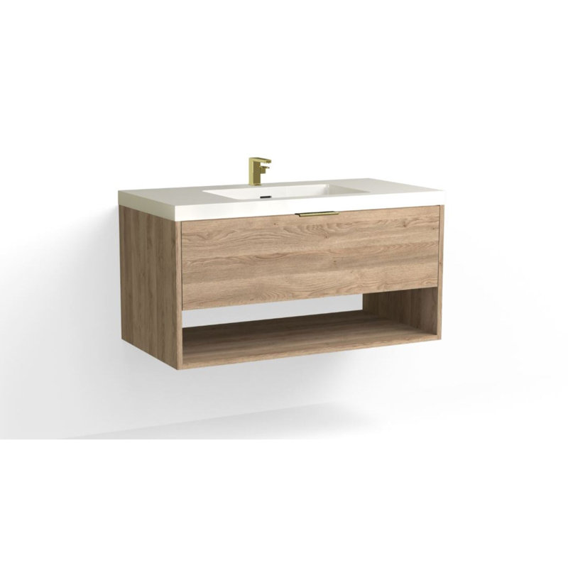Modo 42" W Wall Mounted Single Bathroom Vanity, Gloss White/Single, Nocino, Satin Brass