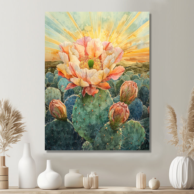 «Desert Bloom», art mural fleur de cactus, Hajeb, H 32 po x l 16 po, Toile tendue