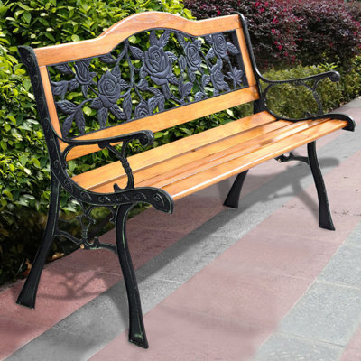 Garden Bench Chair Outdoor Wooden Loveseat with Iron Armrest by World Menagerie