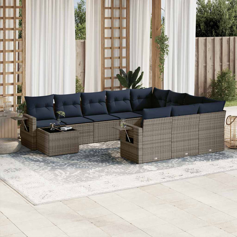 Ensemble de canapé de patio 11 pièces avec coussins en rotin de polyester, Marine, Gris
