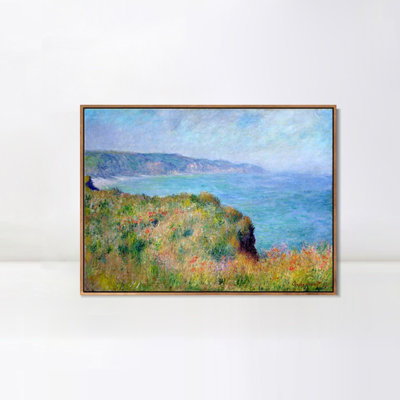 Framed Canvas Wall Art  Cliff  Near Pourville by Claude Monet Print Impressionist Landscape Painting Living Room Office Decor(Wood Color Slim Frame,18"x24")