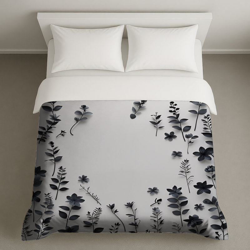 Housse de couette noire à motif de fleurs noires minimaliste, Lit simple