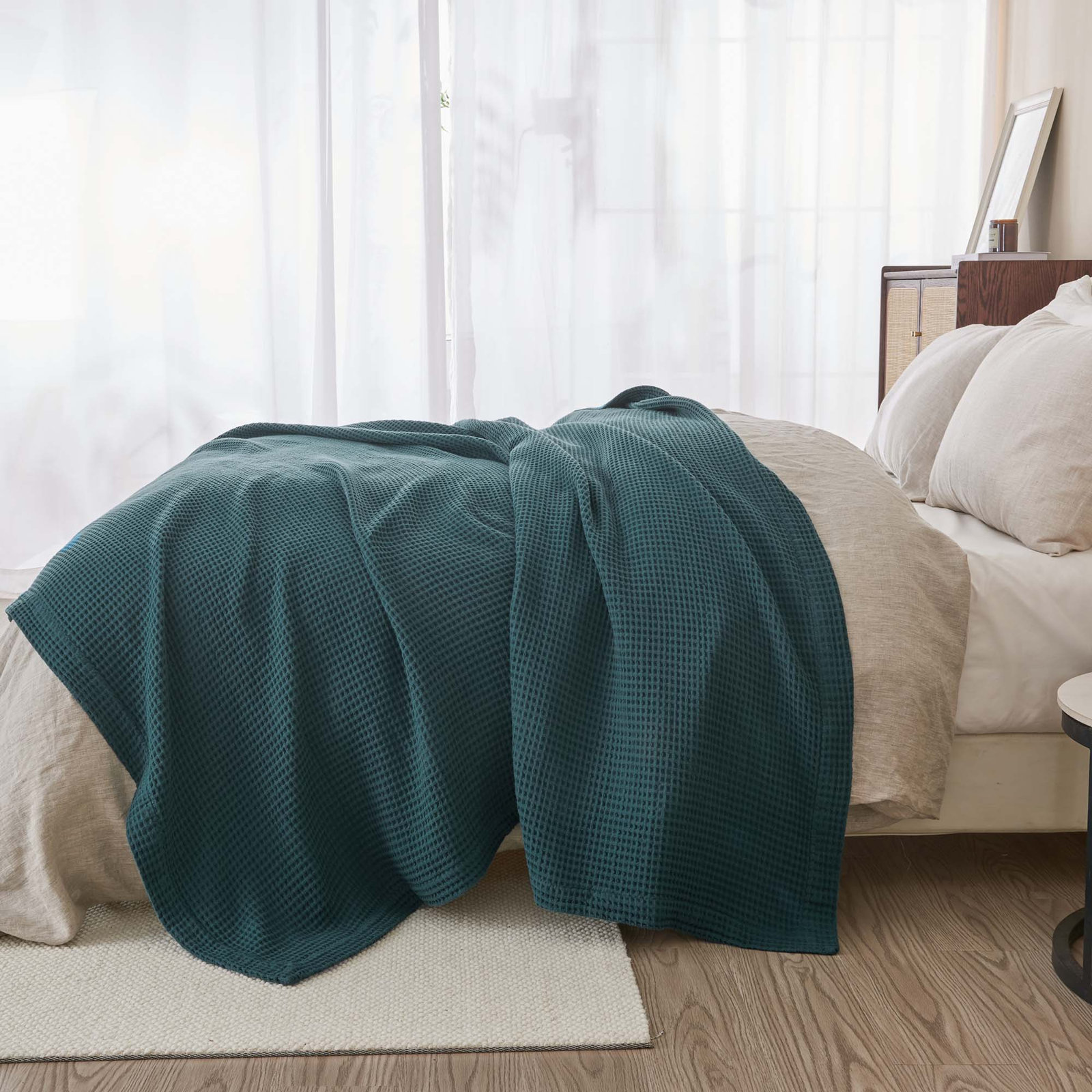 Cotton Waffle Weave Throw Blanket, King, Peacock