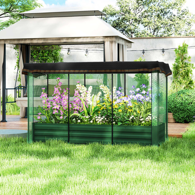 Lit de jardin surélevé galvanisé avec cage de culture et toile d'ombrage vert
