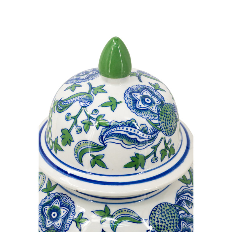 D10x20 "Pot en gingembre en porcelaine avec des motifs élégants de fleurs de cerisier bleues et vertes, pot décoratif avec couvercle