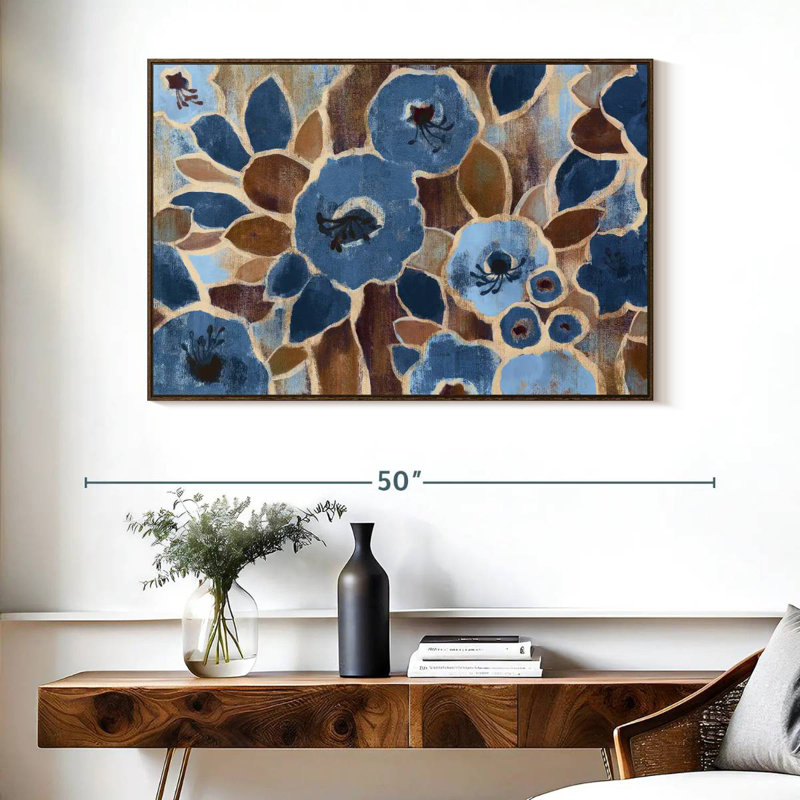 Tapisserie contemporaine bleue, Cadre flottant noyer, 40 po x 27 po