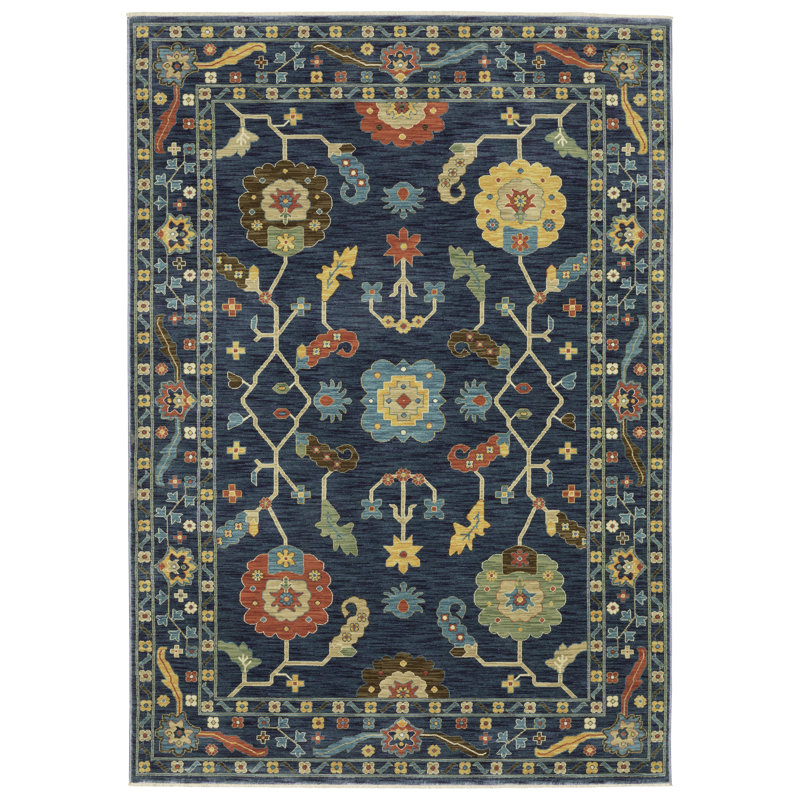 Tapis oriental en polypropylène tissé à la machine en bleu / or / orange, Rectangle 5 pi 3 po x 7 pi 6 po