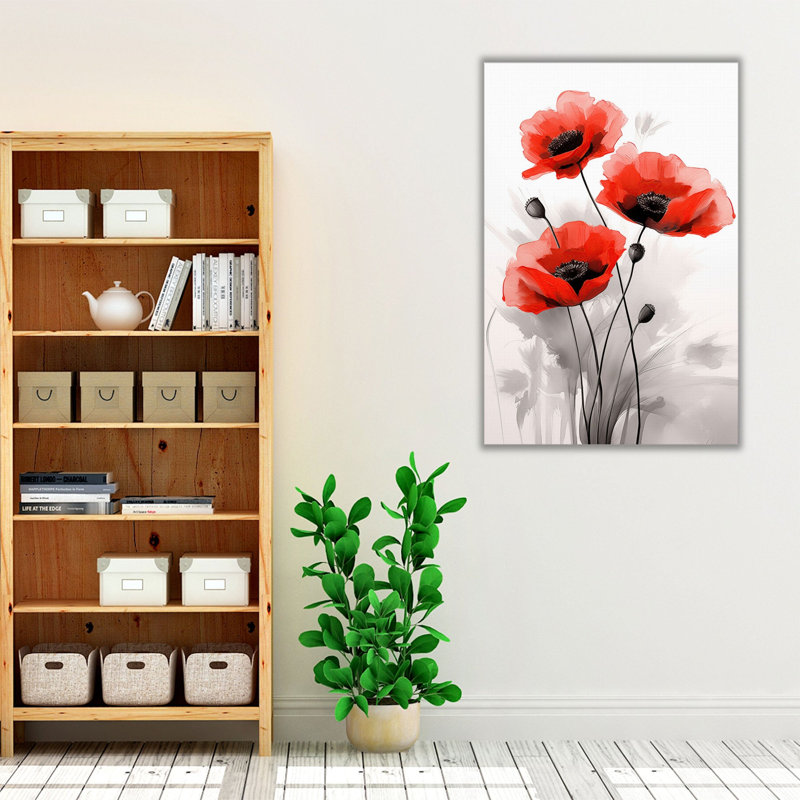 " Abstract Red Poppies Elegance ", Brown Floater Framed Canvas, 30" H x 20" W x 1.25" D
