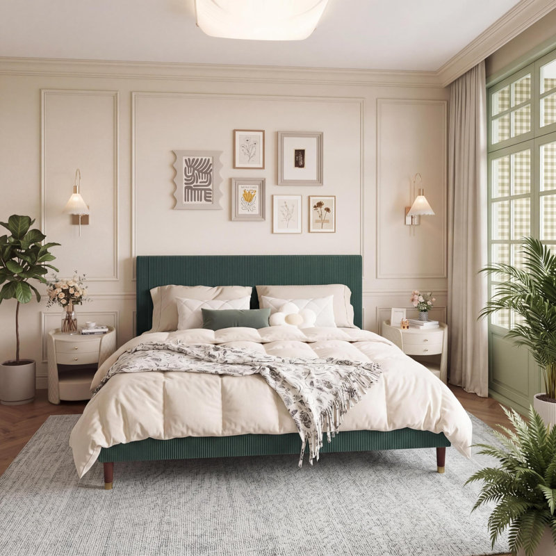 Base de lit plateforme très grand, cadre de lit très grand moderne avec tête de lit tapissier et support à lattes en métal robuste, aucun sommier requis, assemblage facile, vert