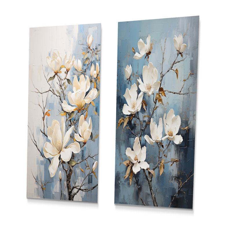 Ensemble de 2 décorations murales en métal bleu et blanc Magnolias, H 28 po x l 24 po