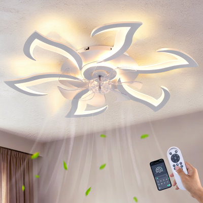 Ventilateur de plafond encastré moderne blanc de 81 cm (32 po) avec éclairage, motif floral, DEL, télécommande et application de contrôle, variateur, profil bas, 6 vitesses, idéal pour la chambre, la cuisine et le salon.