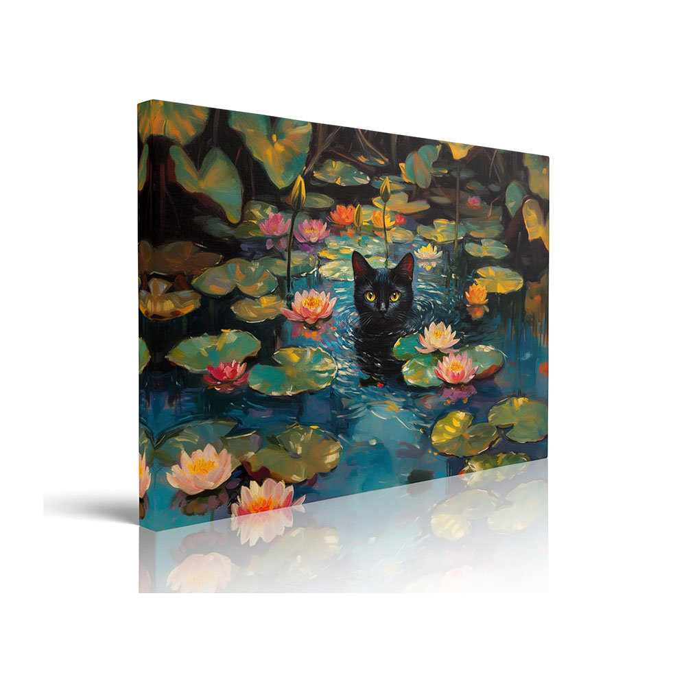 Framed Retro Monet Water Lilies With Funny Black Cat Canvas Prints Wall Art Water Lilies Pictures Paintings Poster Canvas Wall Decor For Living Room B