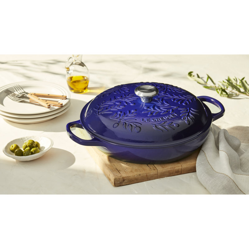 Indigo Cast Iron Round Braiser with Embossed Olive Branch Design