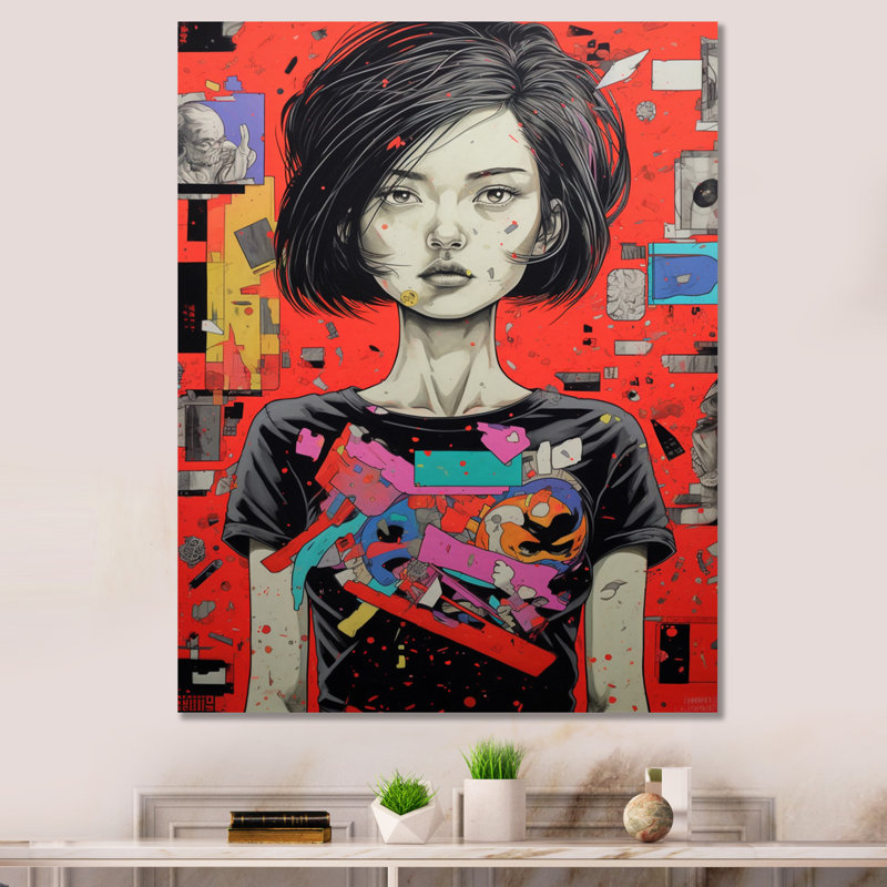 Portrait de femme manga sur collage, H 20 po x l 12 po x P 1 po, Toile tendue