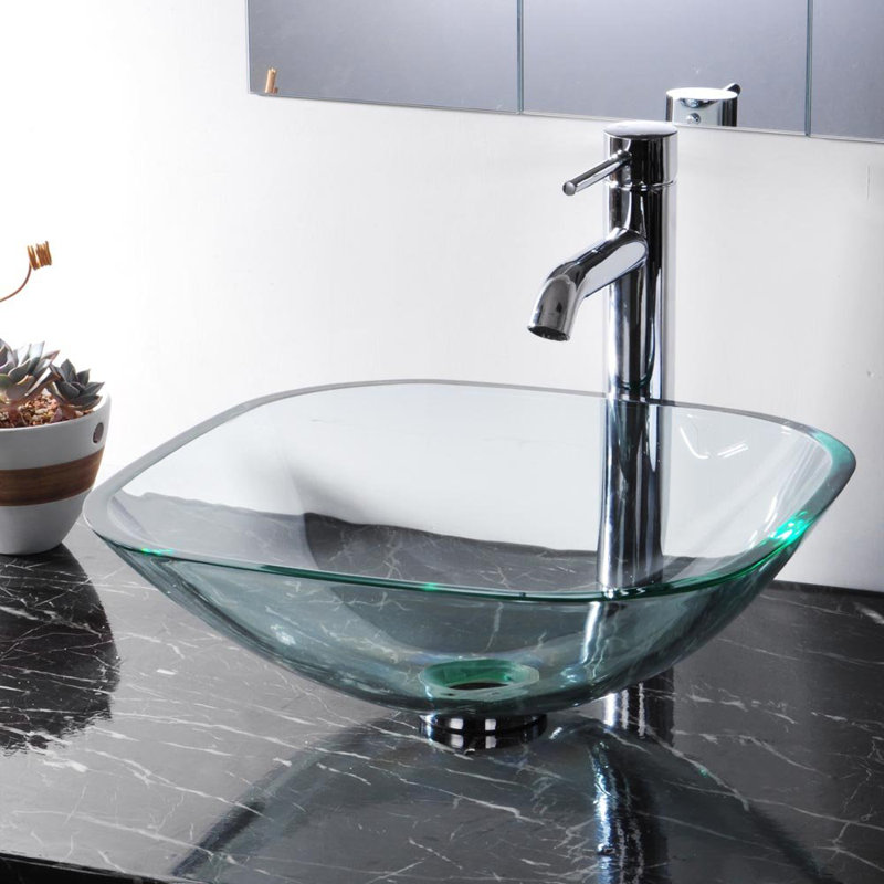 Aquaterior 16.5354'' Transparent Glass Square Vessel Bathroom Sink