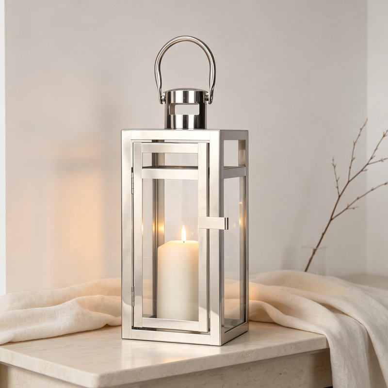 30 cm High Stainless Steel Candle Lantern for Indoor Outdoor Tabletop and Patio Use, Silver