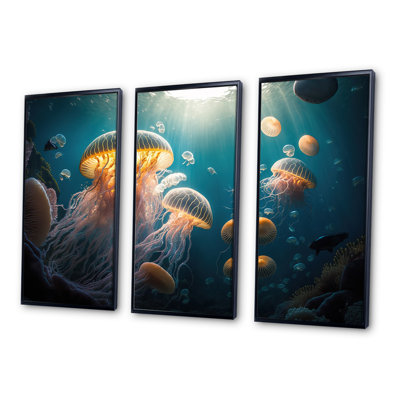 «Jellyfish In The Ocean II», reproduction sur toile 3 pièces