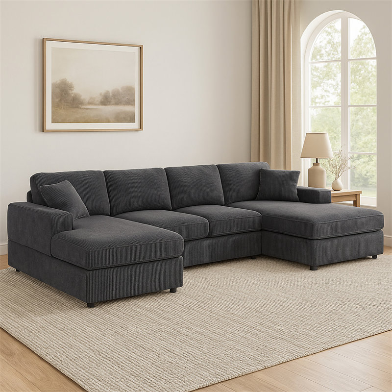3 - Piece Corduroy Double-Chaise Sectional, Grey Corduroy