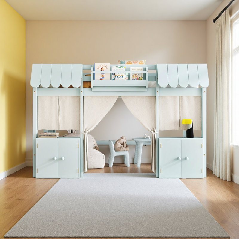 Loft Bed With Built-In Bookshelf, Curtain, And Storage Shelf Amusement Park-Inspired Playful Design Safety Guardrails, Blue