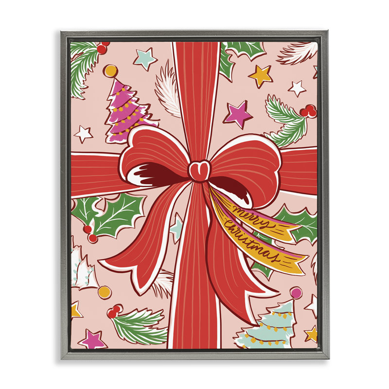 «Christmas Bow and Trees», art mural sur toile par Heather McLaughlin, H 31 po x l 25 po, Cadre flottant gris lustré