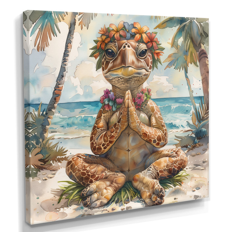 Tortue de mer méditant sur la plage de Waikiki I - Tortue, art mural animal, Toile tendue, H 16 po x l 16 po