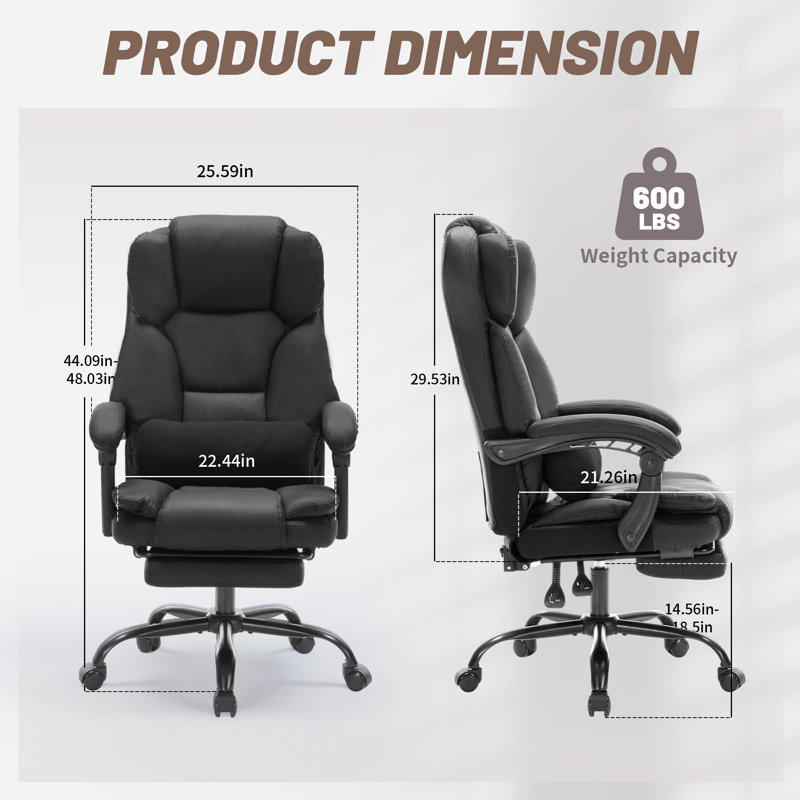 600lbs Big And Tall Pu Leather Executive Office Chair, Reclining Backrest Up To 155°, Spring Cushion Seat, Lumbar Support & Adjustable Armrests For Office Or Conference Room