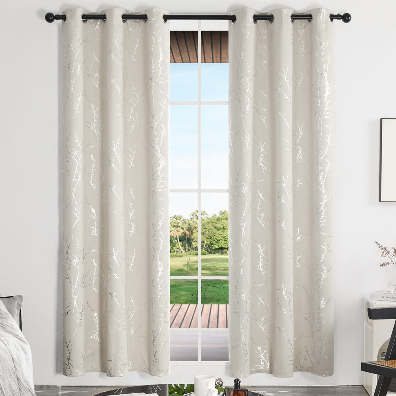 Silver Tree Branches Printed Pattern Blackout Grommet Curtains (Set Of 2), Light Beige, 42" W x 84" L