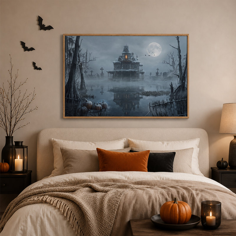 "Haunted House Under Full Moon in Foggy Swamp", art mural sur toile, H 18 po x l 24 po