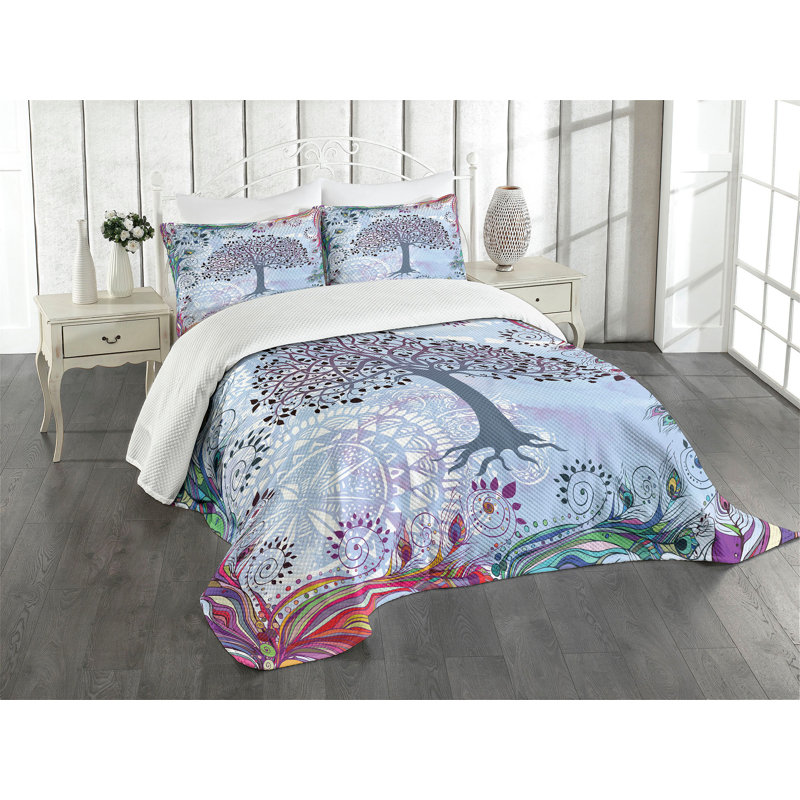 King Size White Quilted Bedspread Set with Tree of Life Design