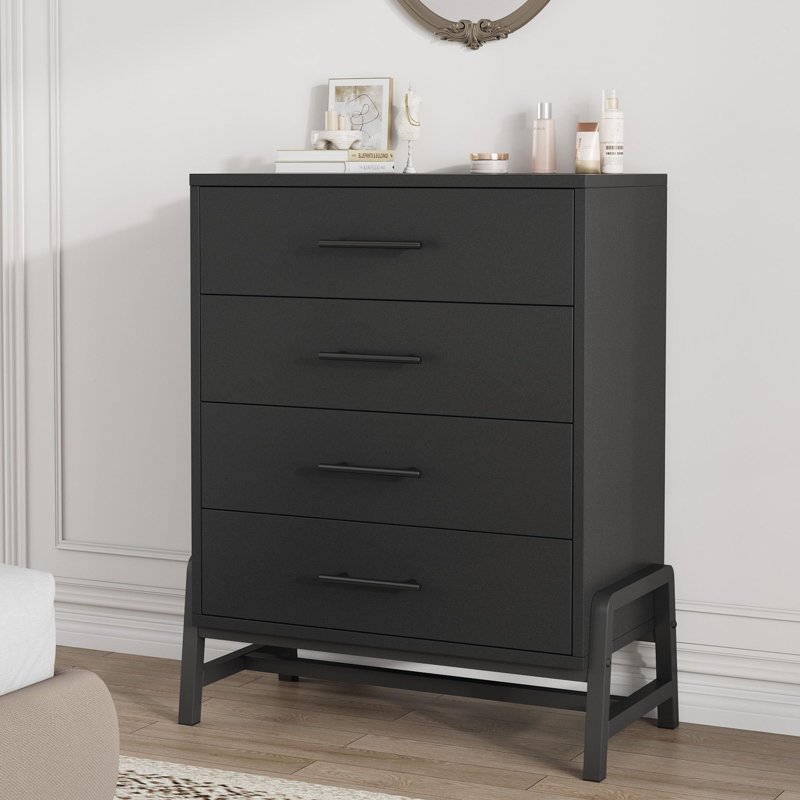 Commode de rangement à 4 tiroirs 38,6 po pour commode de chambre noire avec tiroirs profonds et pieds élégants
