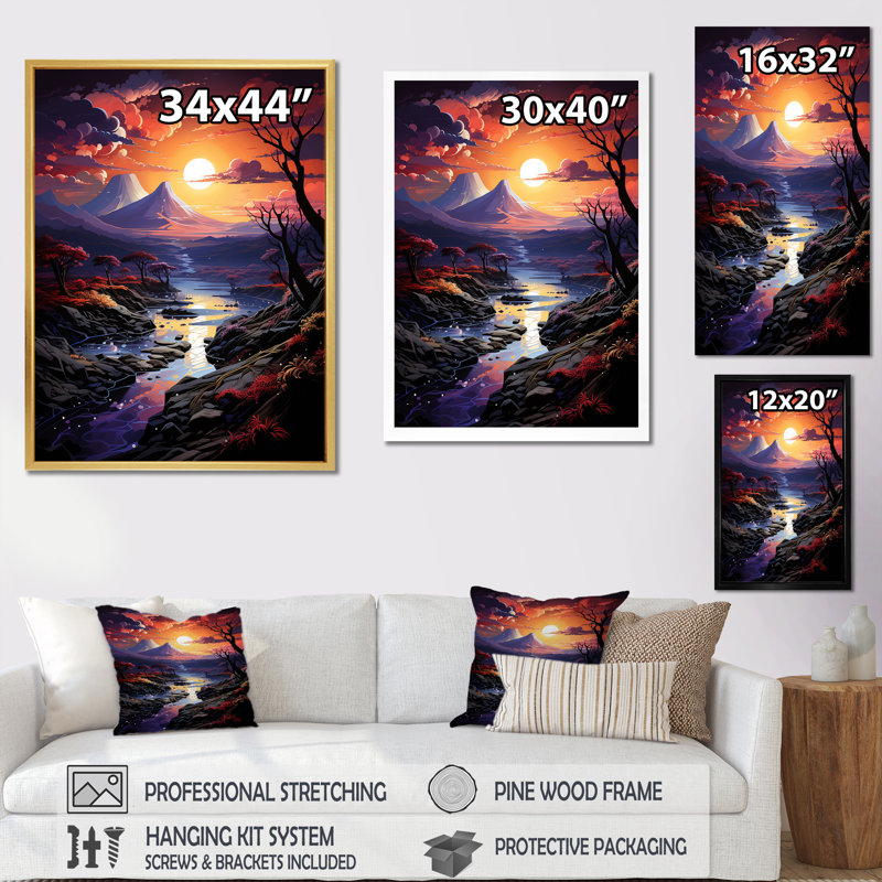 Volcan, crépuscule volcanique sur toile, Cadre doré simple, H 40 po x l 30 po x P 1,5 po