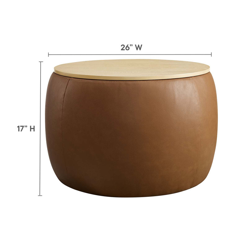 Tan Round Vegan Leather Storage Ottoman with Tray Lid